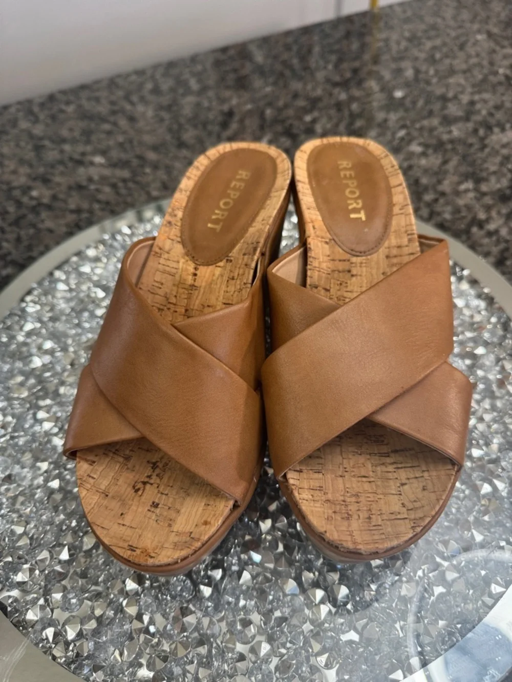 Report Basil deep camel Tan Crisscross Cork Wedge Slides EUC 8